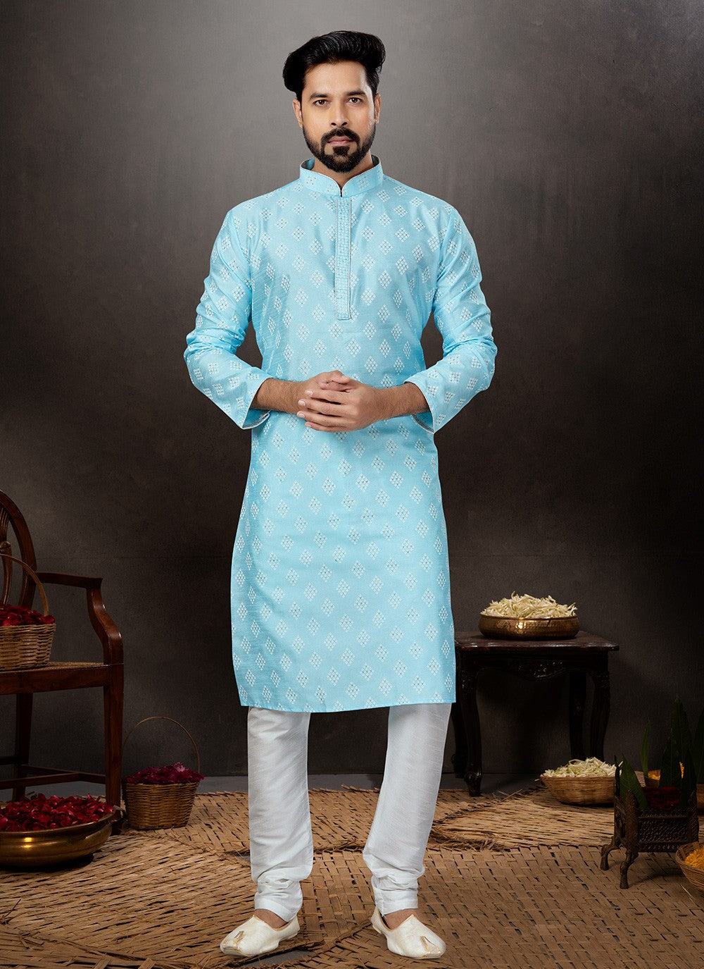 Printed Dupion Silk Aqua Blue Kurta - M5755