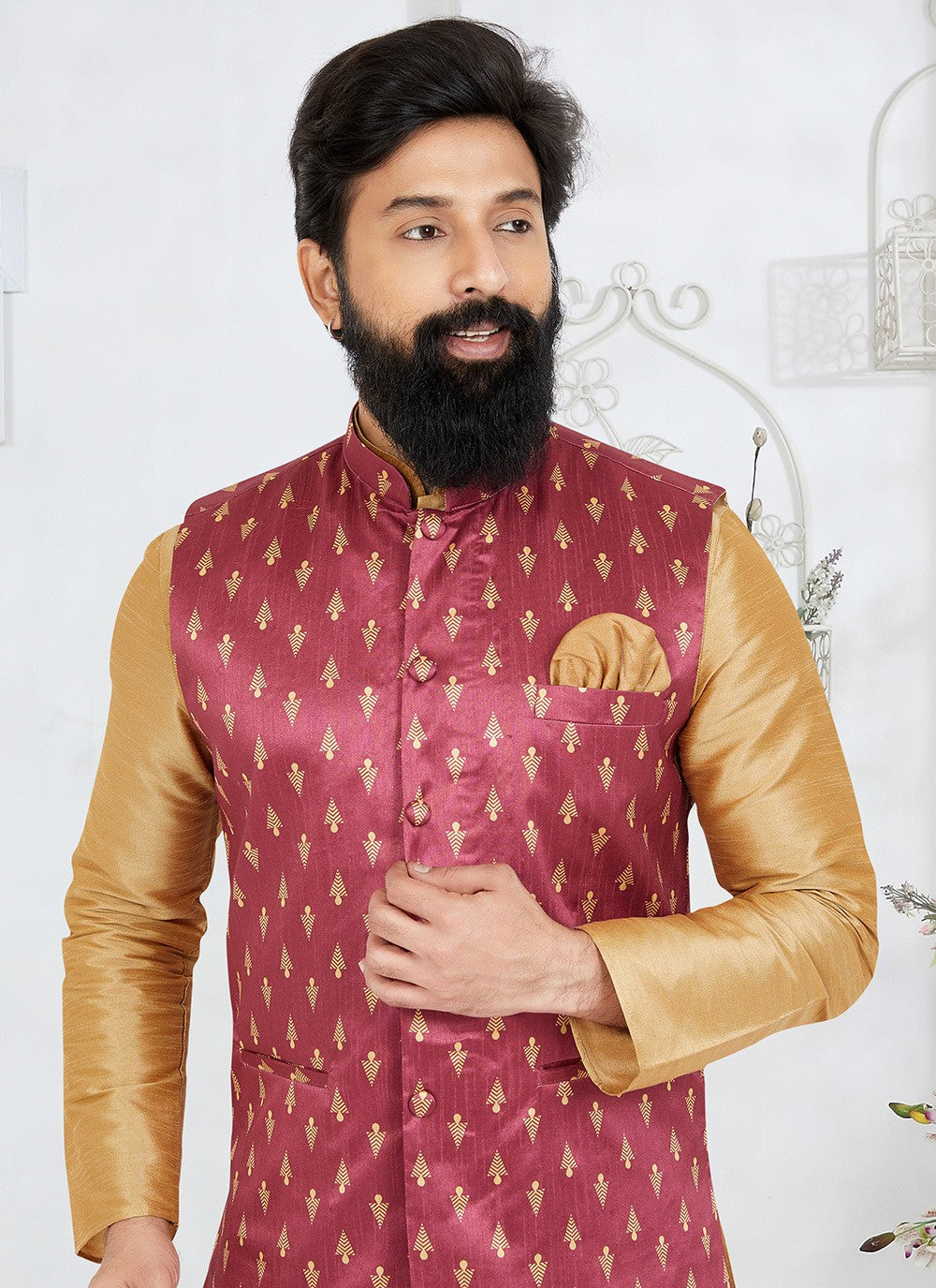 Fancy Work Dupion Silk Beige, Pink Kurta Payjama With Jacket - M5505