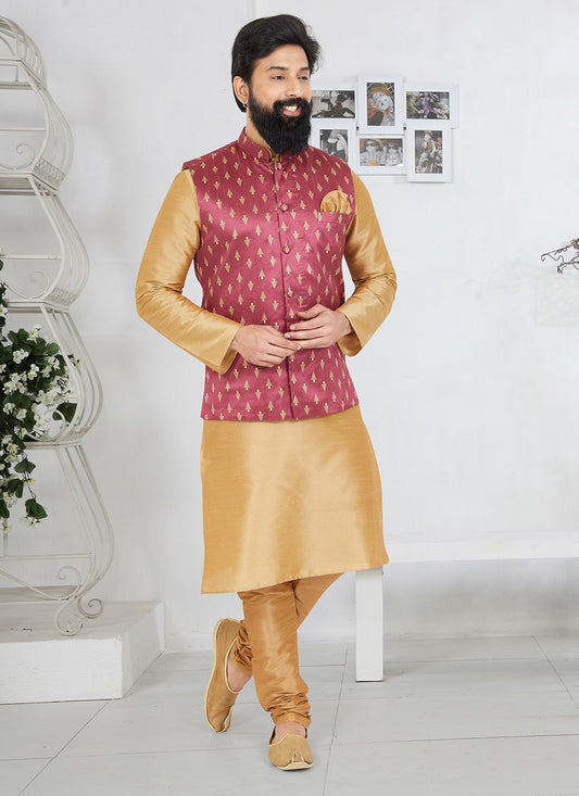 Fancy Work Dupion Silk Beige, Pink Kurta Payjama With Jacket - M5505
