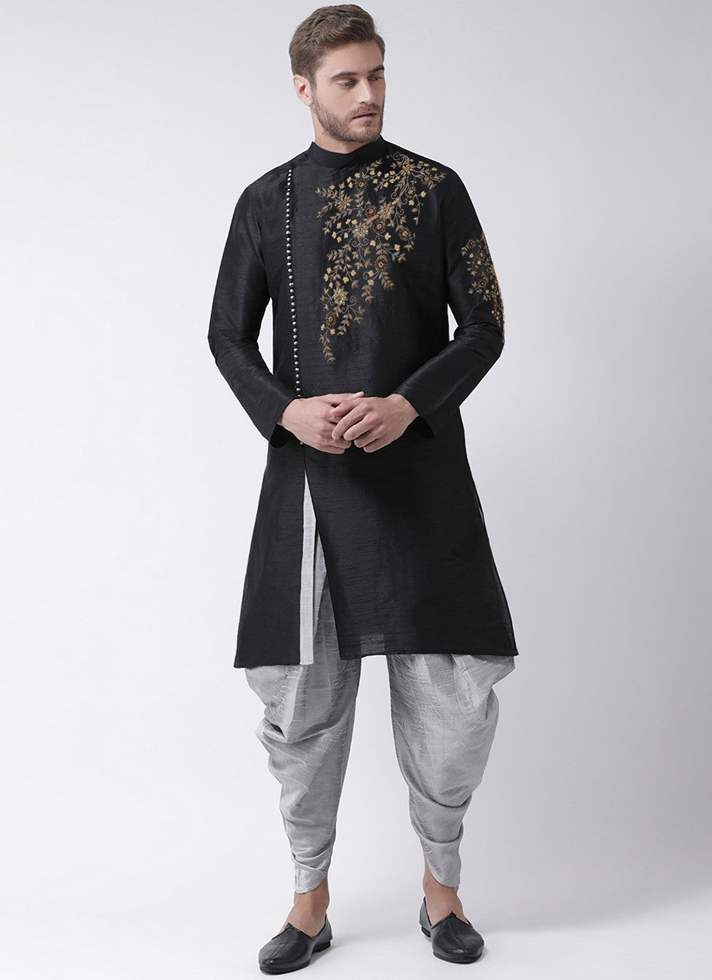 Embroidered Dupion Silk Black Angrakha - M3203