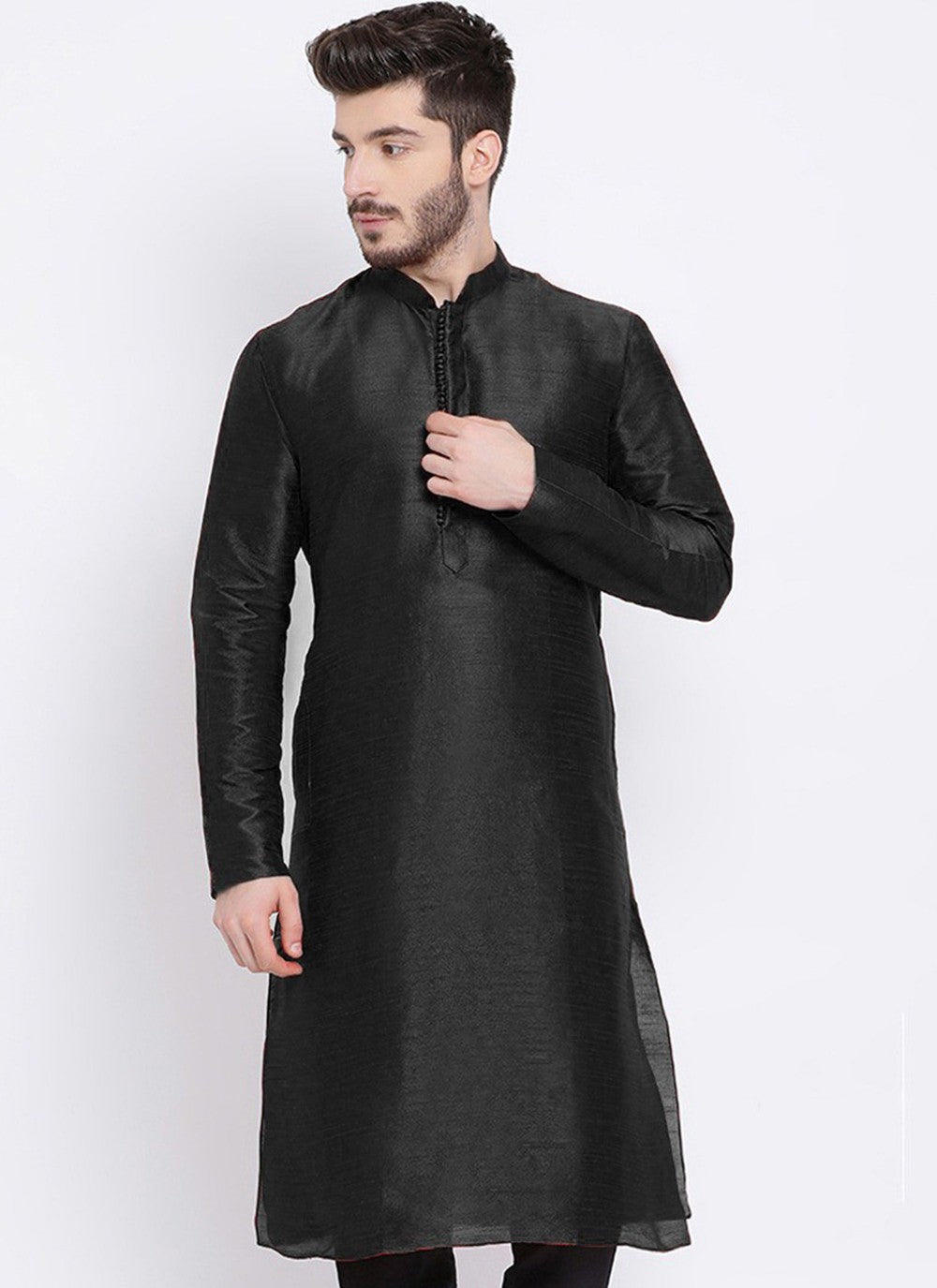 Embroidered Dupion Silk Black Kurta - M2304