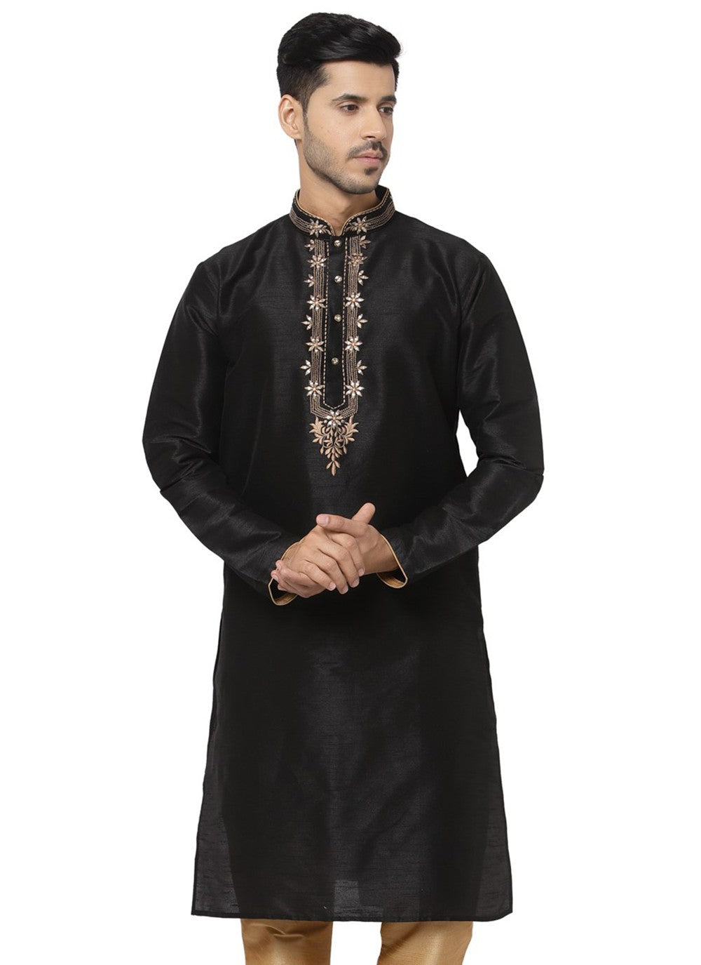 Embroidered Dupion Silk Black Kurta - M3180