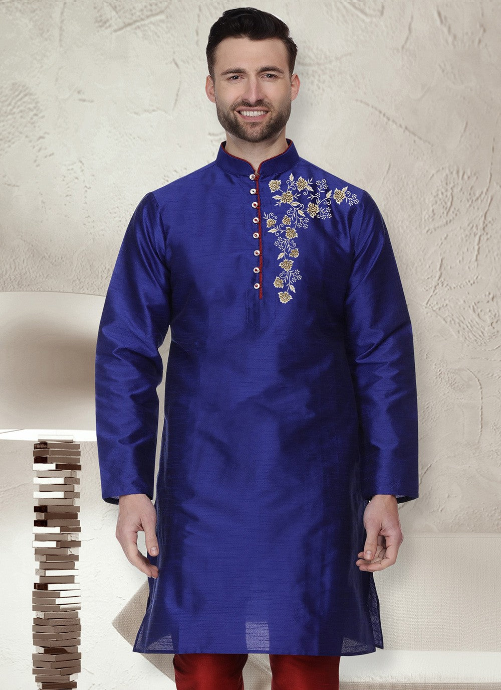 Machine Embroidery Dupion Silk Blue Kurta - M5652