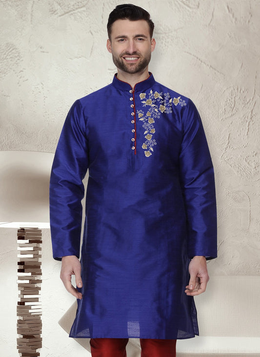 Machine Embroidery Dupion Silk Blue Kurta - M5652