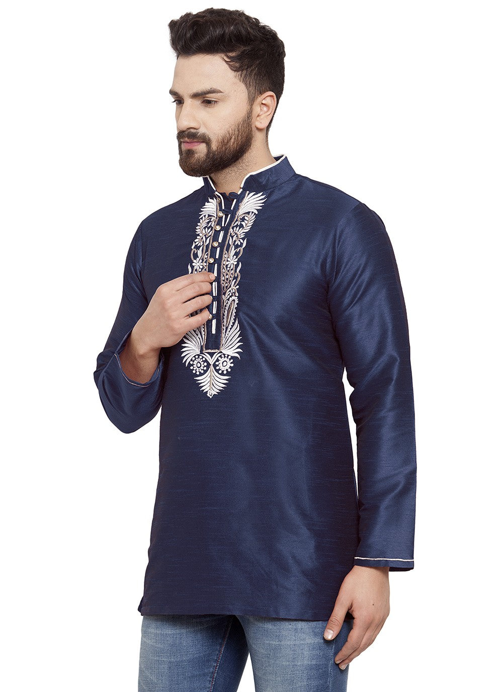 Machine Embroidery Dupion Silk Blue Short Kurta - M5734
