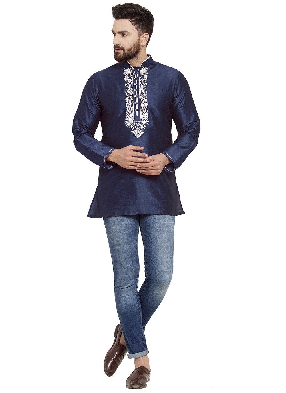 Machine Embroidery Dupion Silk Blue Short Kurta - M5734