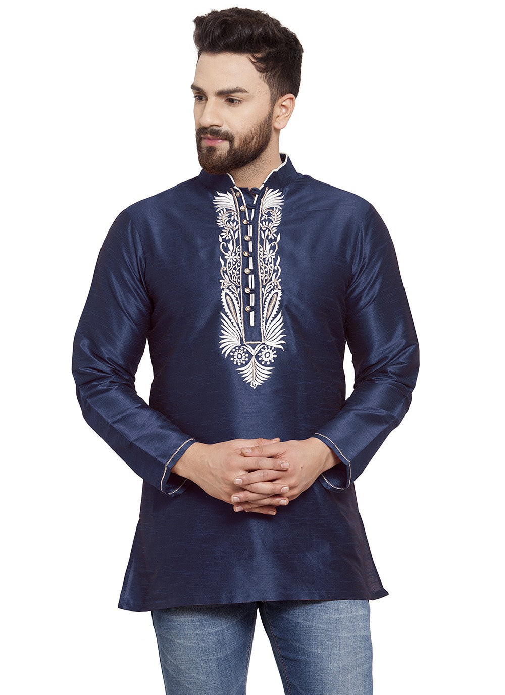 Machine Embroidery Dupion Silk Blue Short Kurta - M5734