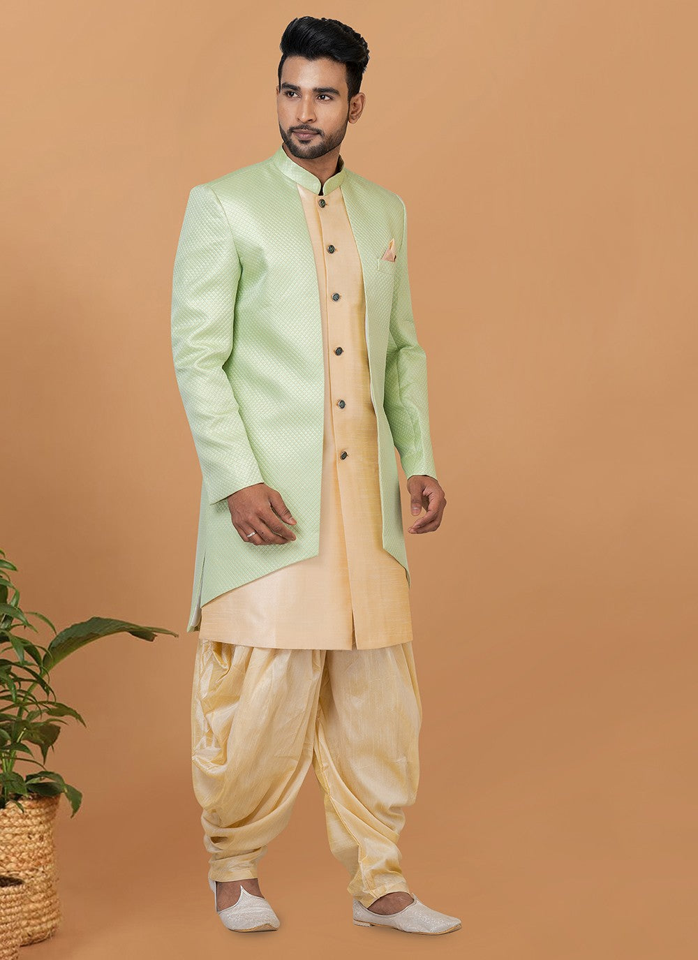 Fancy Work Dupion Silk, Jacquard Silk Cream, Green Indo Western Sherwani - M5983