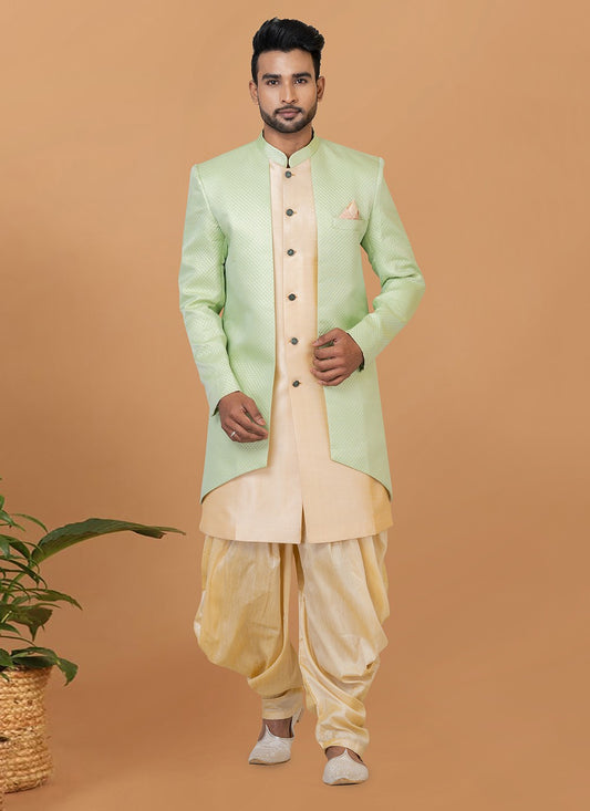 Fancy Work Dupion Silk, Jacquard Silk Cream, Green Indo Western Sherwani - M5983