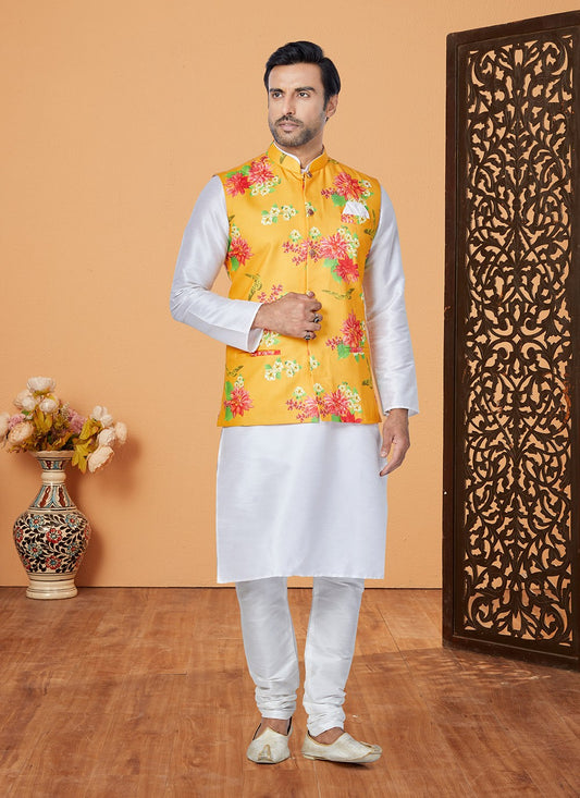 Digital Print Cotton , Dupion Silk Mustard, White Kurta Payjama With Jacket - M5518
