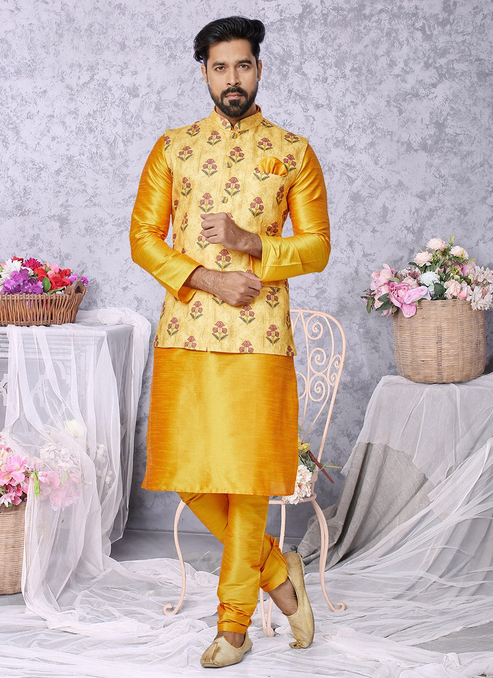 Digital Print Cotton , Dupion Silk Mustard, Yellow Kurta Payjama With Jacket - M5523