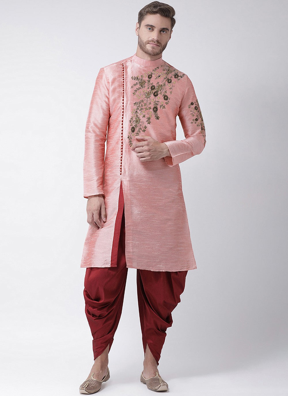 Embroidered Dupion Silk Pink Angrakha - M3202