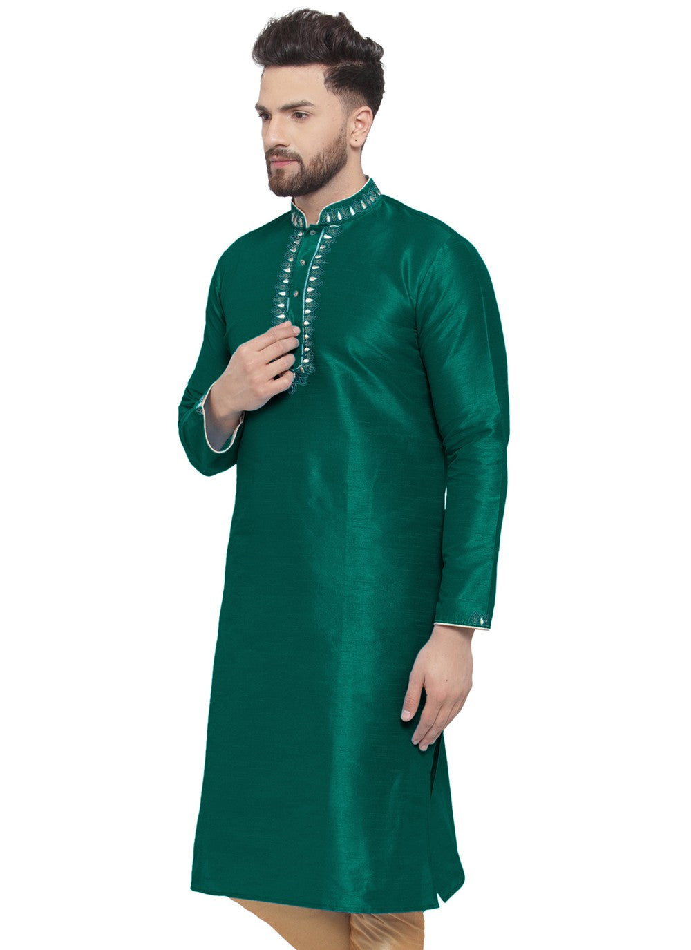 Embroidered Dupion Silk Green Kurta - M7328
