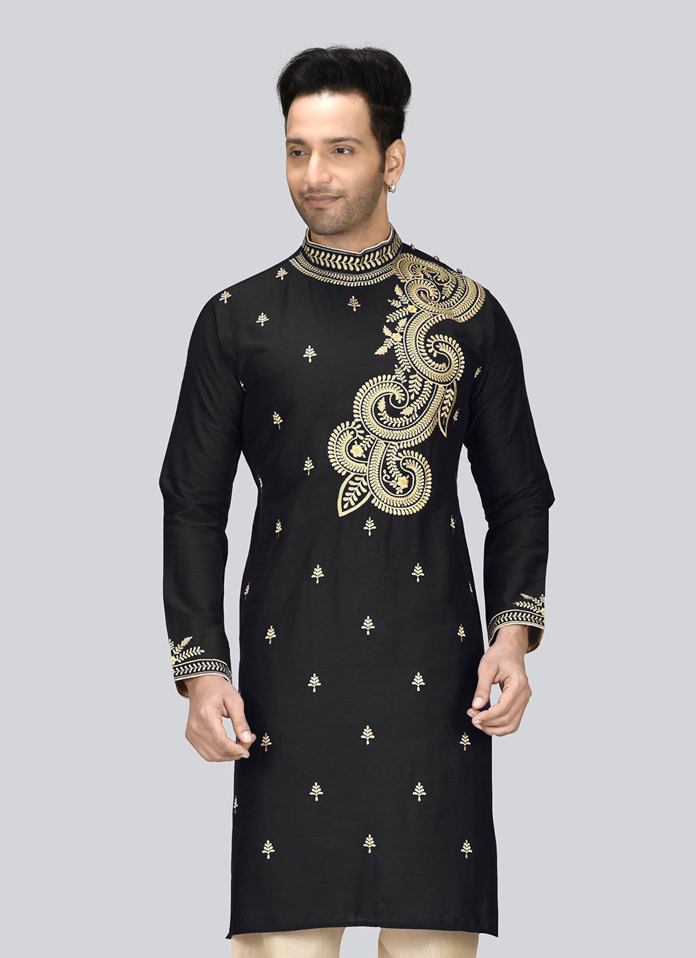 Embroidered Dupion Silk Black Kurta - M2379
