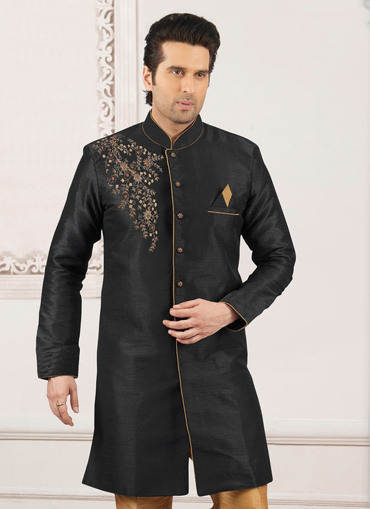 Embroidered Dupion Silk Black Kurta - M6290