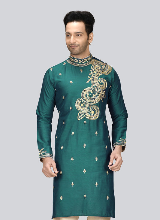 Embroidered Dupion Silk Sea Green Kurta - M2382