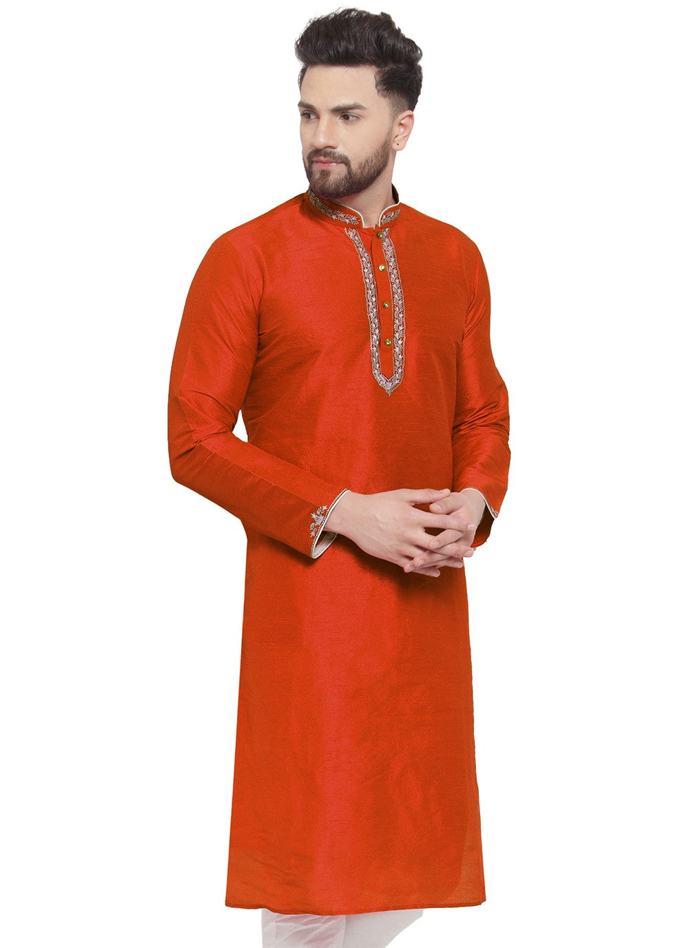 Embroidered Dupion Silk Orange Kurta - M7330