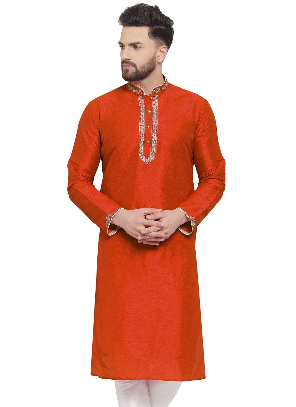 Embroidered Dupion Silk Orange Kurta - M7330