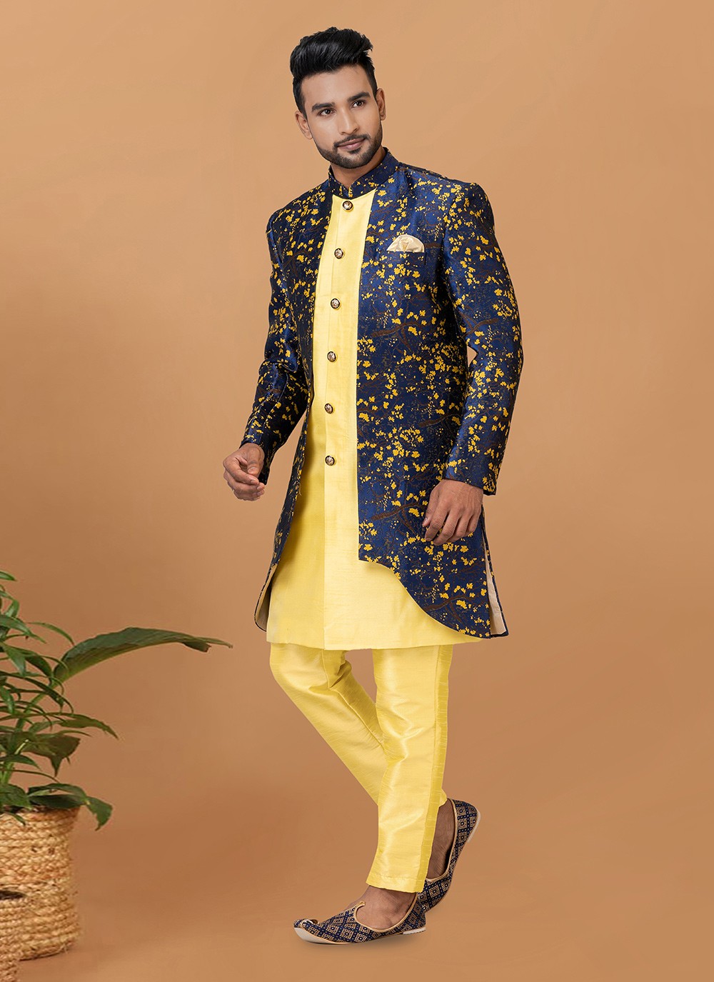 Fancy Work Dupion Silk, Jacquard Silk Blue, Yellow Indo Western Sherwani - M5999