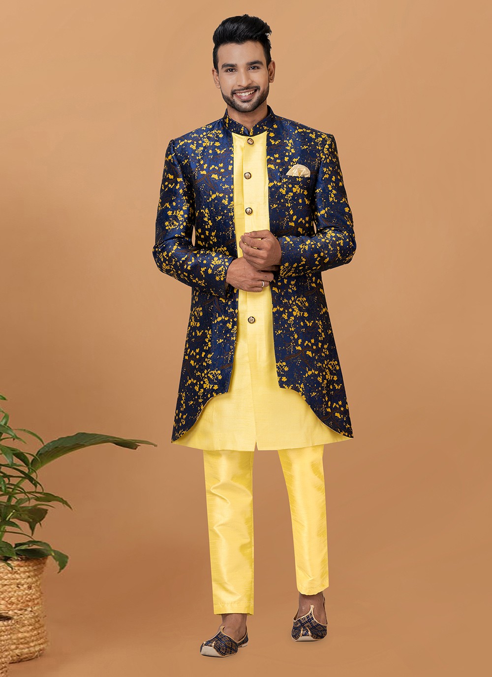 Fancy Work Dupion Silk, Jacquard Silk Blue, Yellow Indo Western Sherwani - M5999