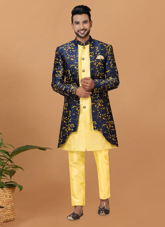 Fancy Work Dupion Silk, Jacquard Silk Blue, Yellow Indo Western Sherwani - M5999