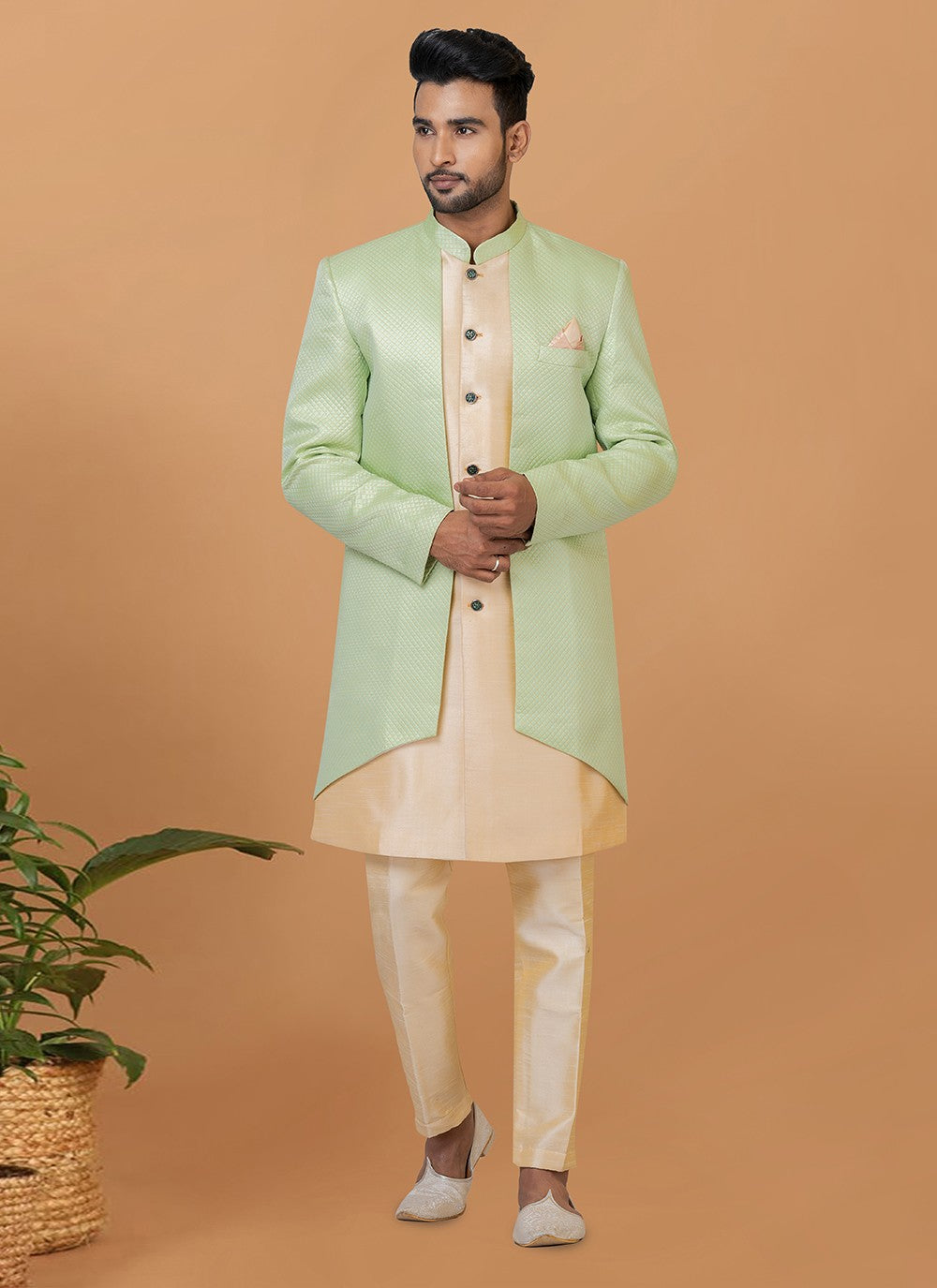Fancy Work Dupion Silk, Jacquard Silk Cream, Green Indo Western Sherwani - M5979