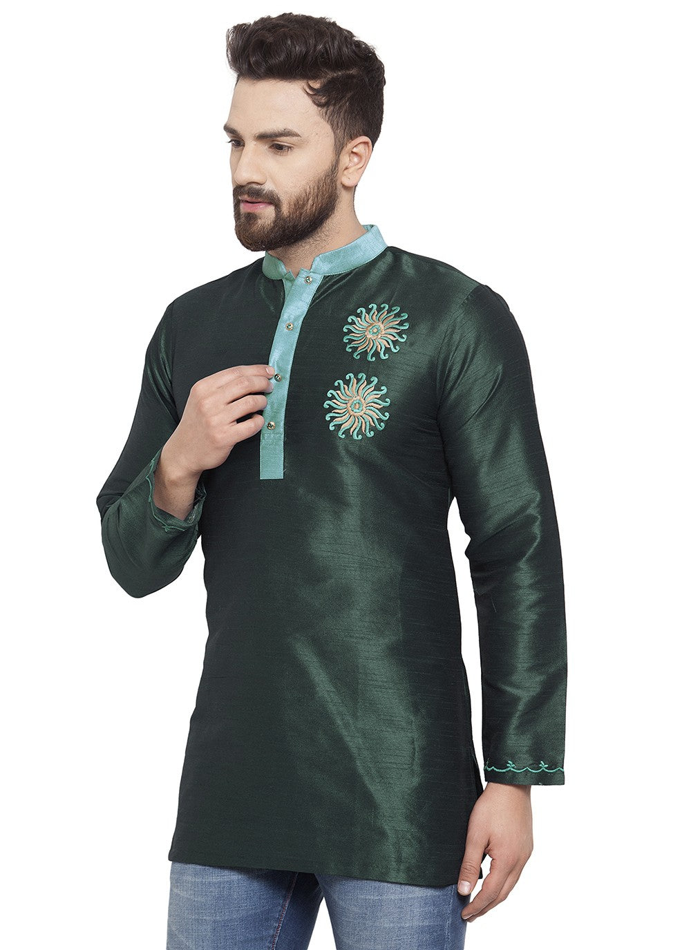 Machine Embroidery Dupion Silk Green Short Kurta - M5719