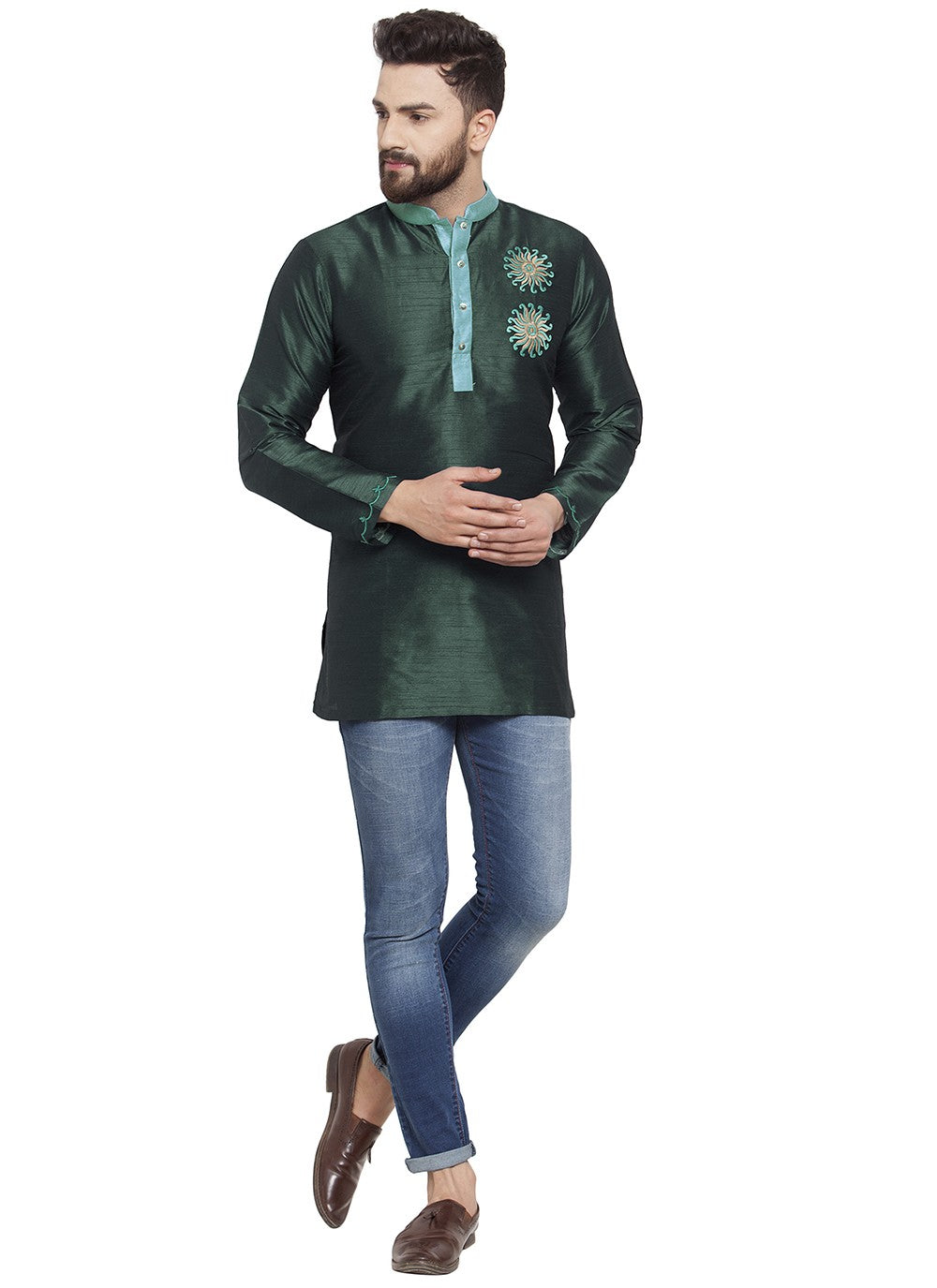 Machine Embroidery Dupion Silk Green Short Kurta - M5719