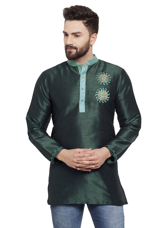 Machine Embroidery Dupion Silk Green Short Kurta - M5719