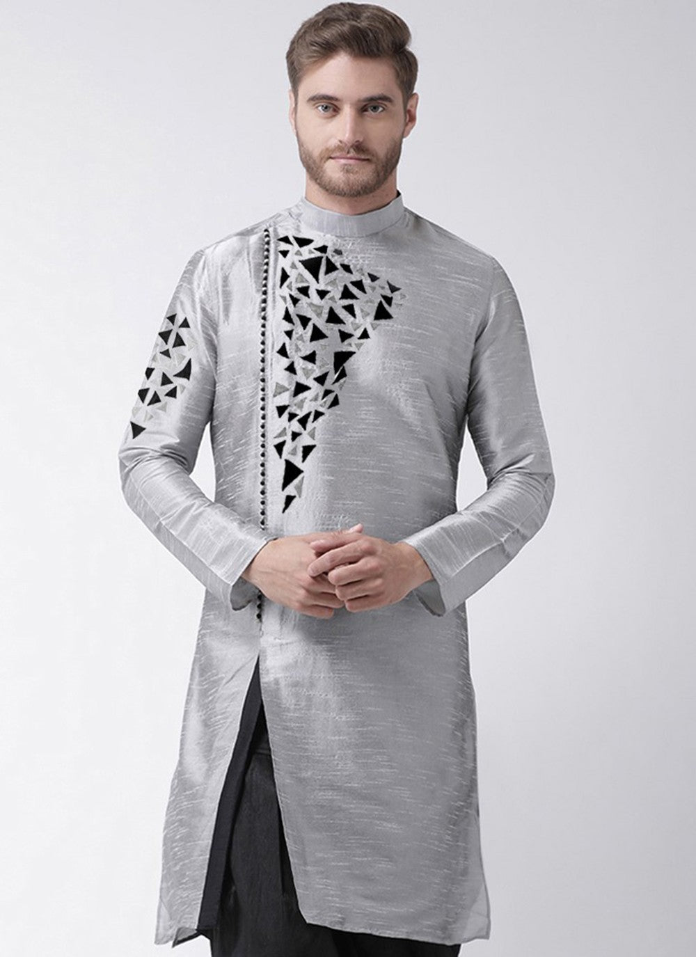 Embroidered Dupion Silk Grey Kurta - M2089