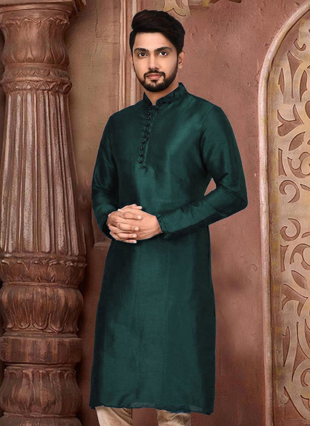 Embroidered Dupion Silk Green Kurta - M2298
