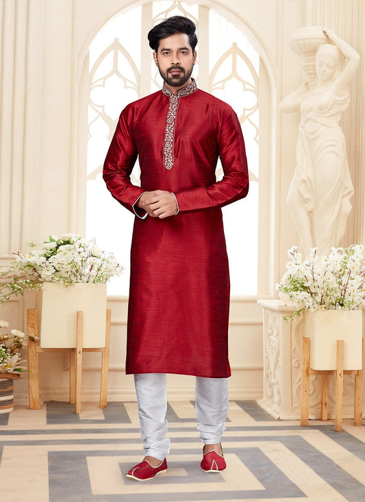Embroidered Dupion Silk Maroon Kurta - M5595