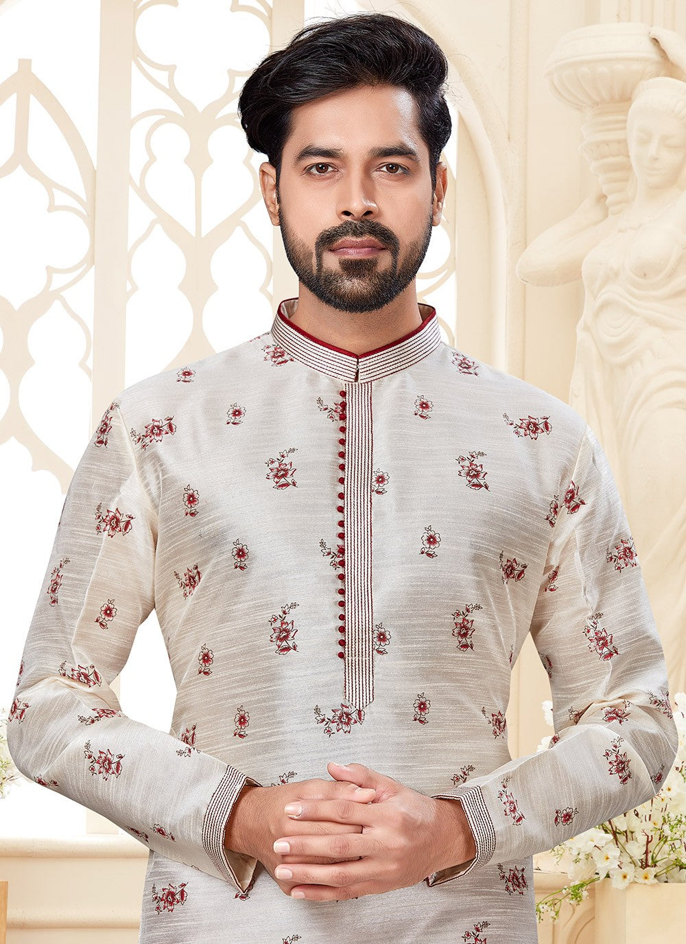 Printed Dupion Silk Off White Kurta - M5592