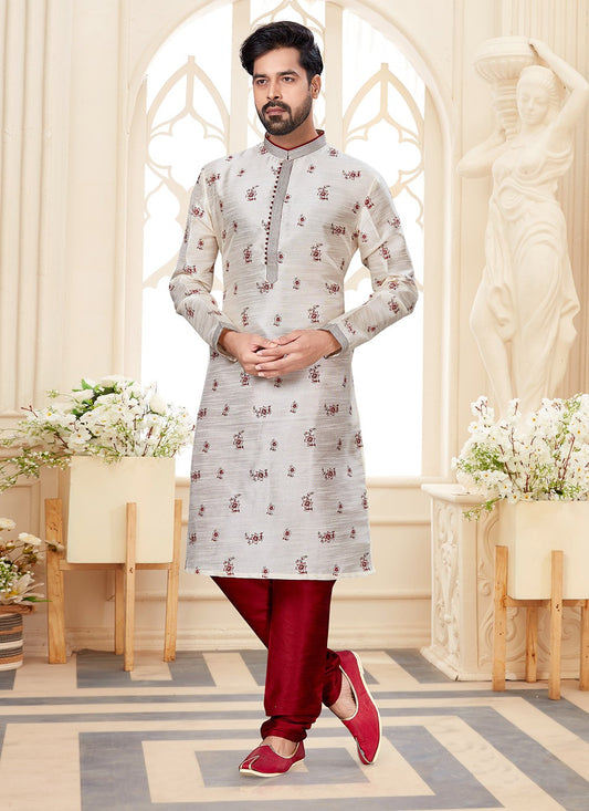 Printed Dupion Silk Off White Kurta - M5592