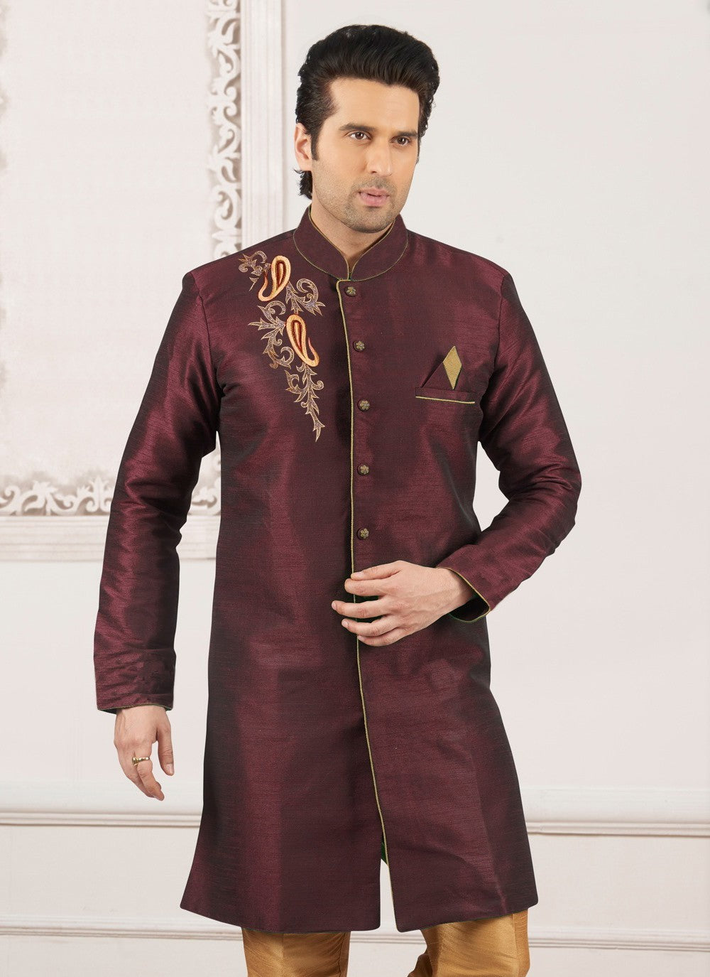 Embroidered Dupion Silk Wine Kurta - M6301