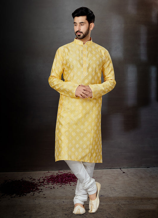 Printed Dupion Silk Yellow Kurta - M5756