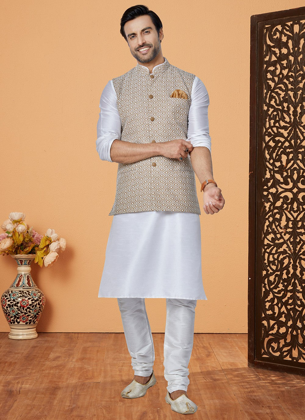 Resham Thread Work Dupion Silk Brown, Off White Kurta Payjama With Jacket - M5471