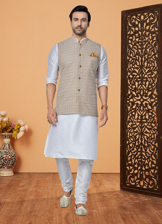 Resham Thread Work Dupion Silk Brown, Off White Kurta Payjama With Jacket - M5471