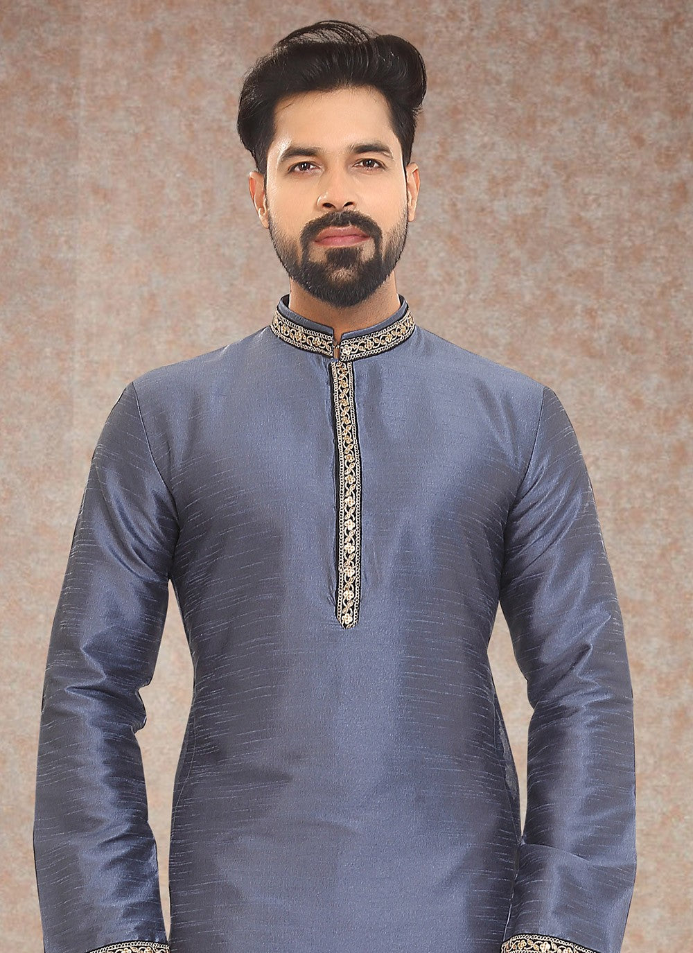 Embroidered Dupion Silk Lavender Kurta Pyjama - M3338