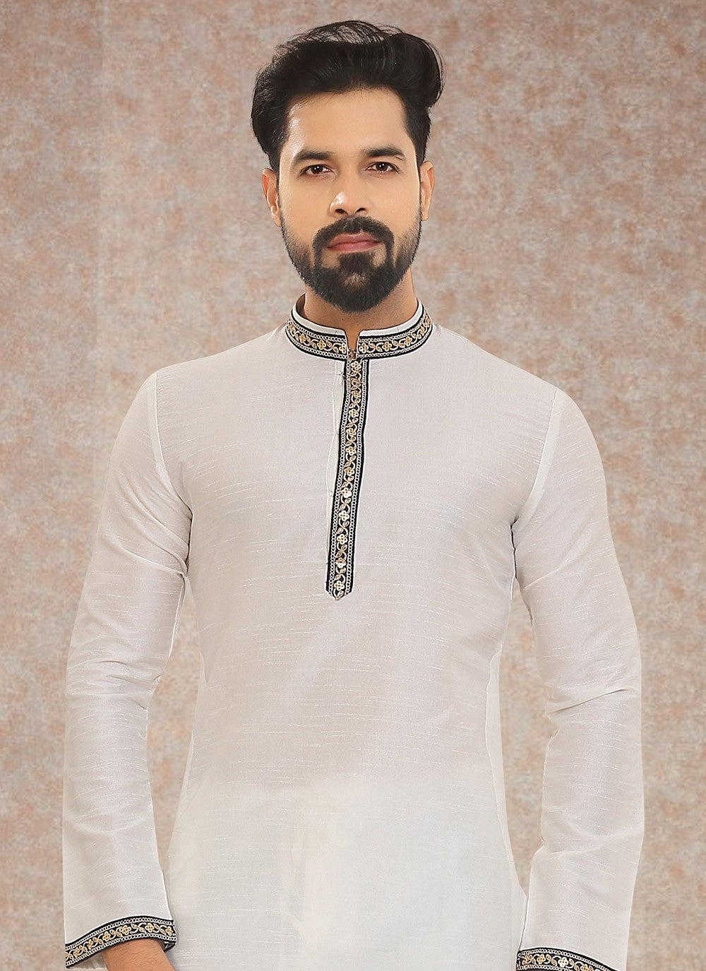 Embroidered Dupion Silk White Kurta Pyjama - M3336