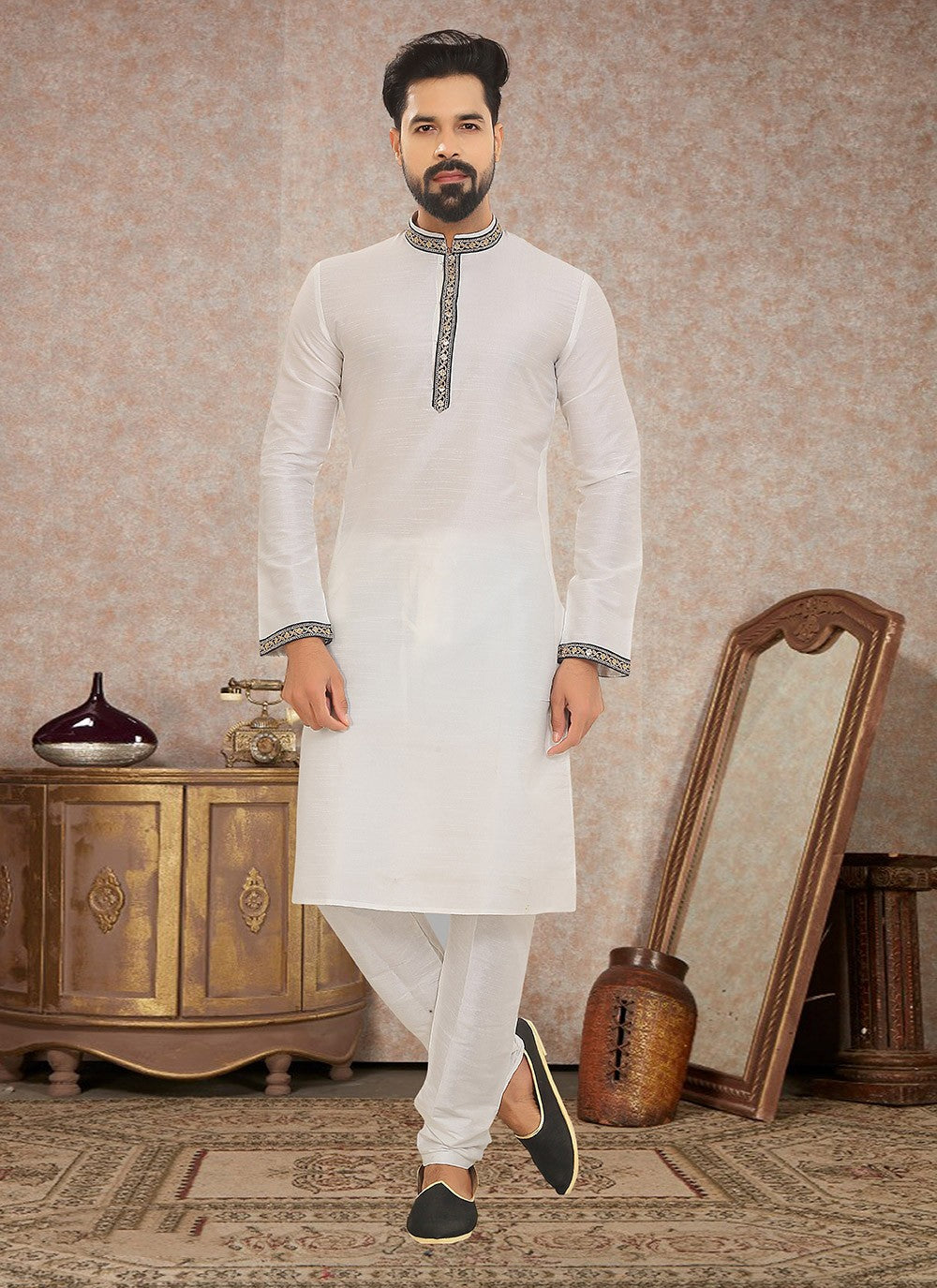 Embroidered Dupion Silk White Kurta Pyjama - M3336