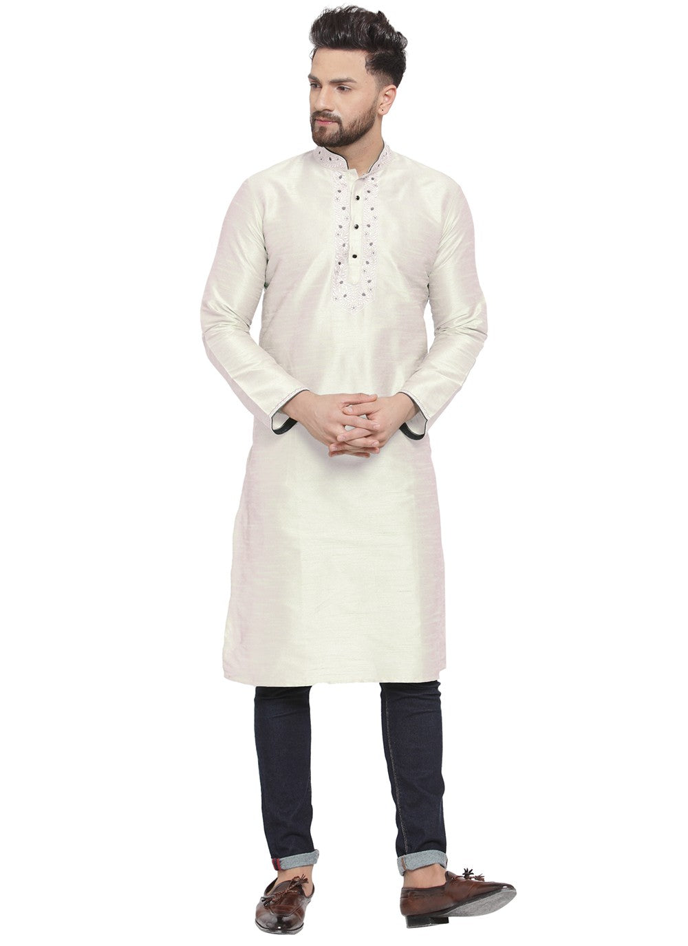 Embroidered Dupion Silk White Kurta Pyjama - M7304