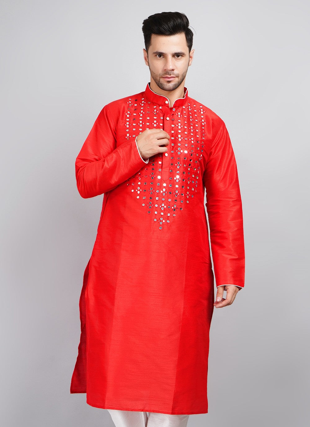 Machine Embroidery Dupion Silk Red Kurta - M5738