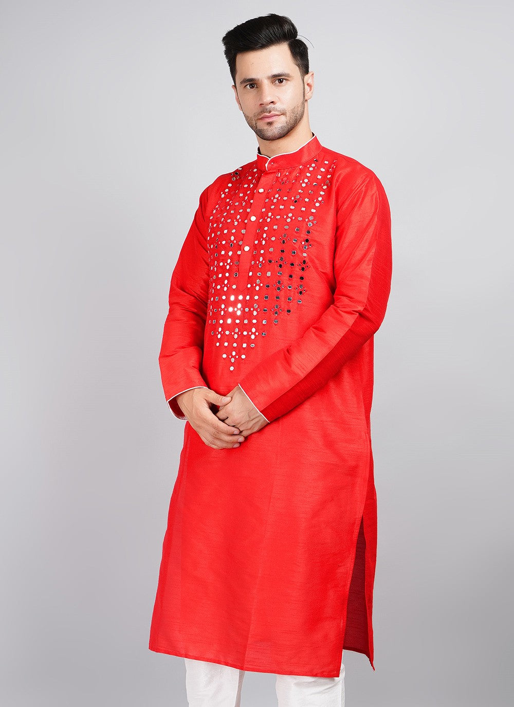 Machine Embroidery Dupion Silk Red Kurta - M5738