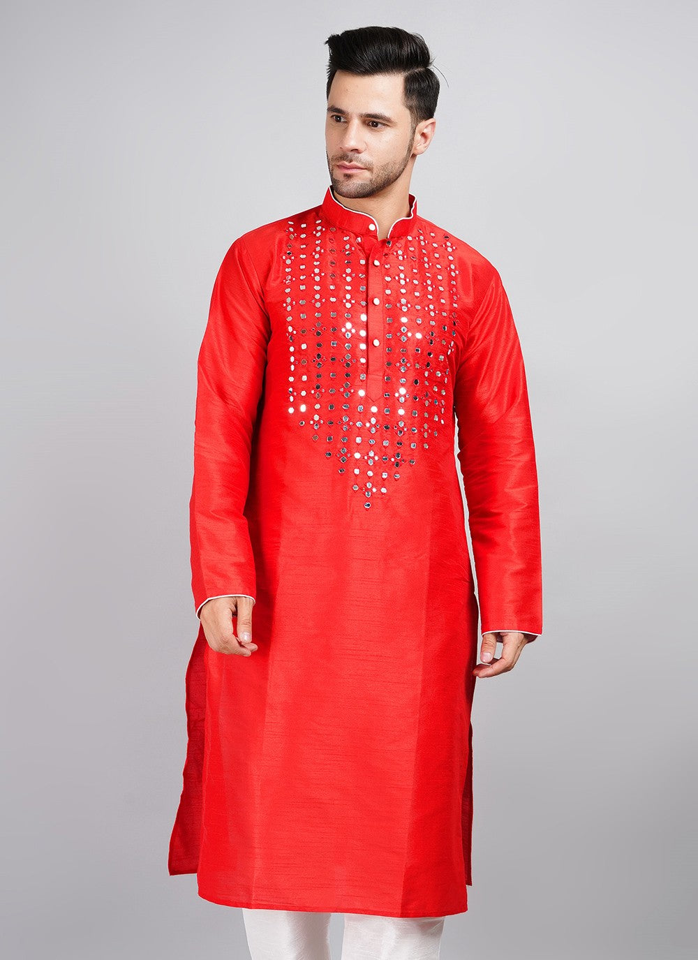 Machine Embroidery Dupion Silk Red Kurta - M5738