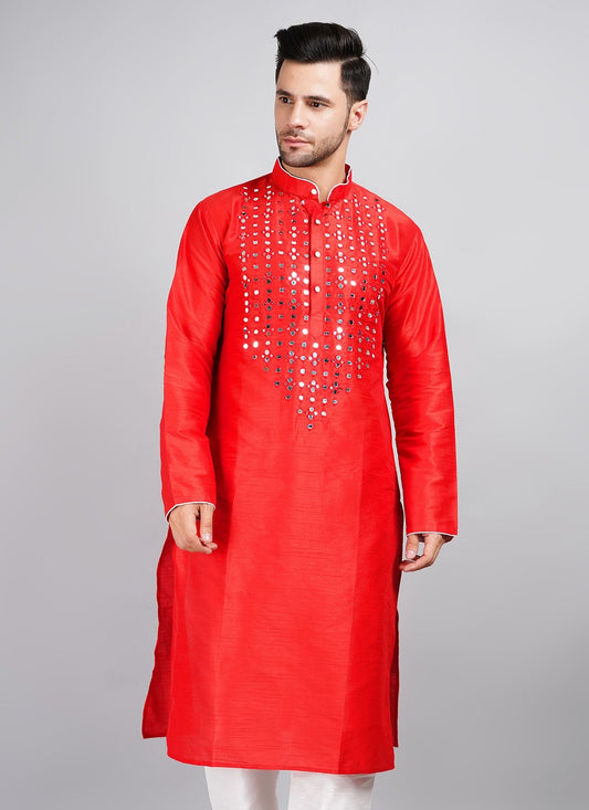 Machine Embroidery Dupion Silk Red Kurta - M5738