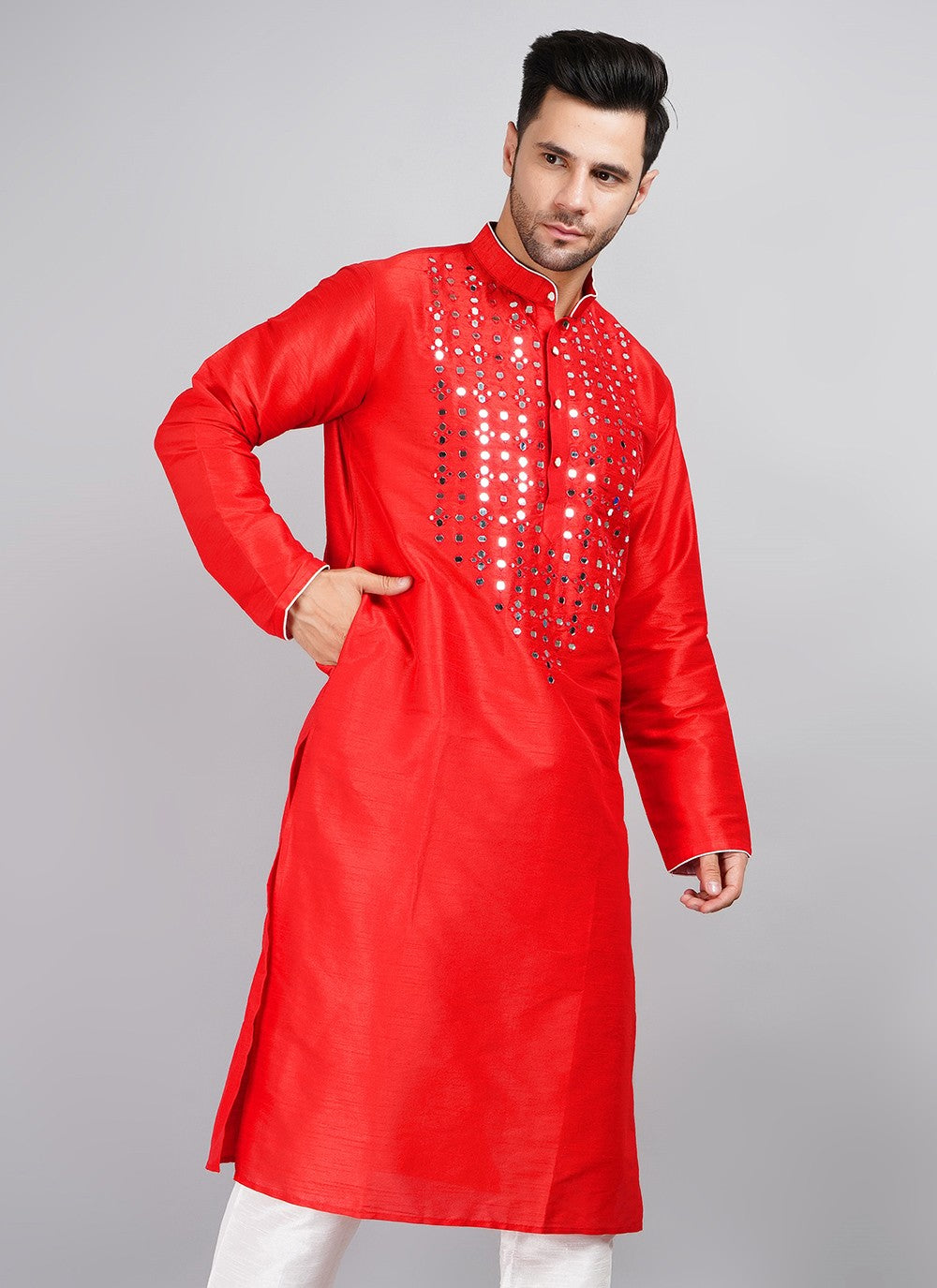 Machine Embroidery Dupion Silk Red Kurta - M5738