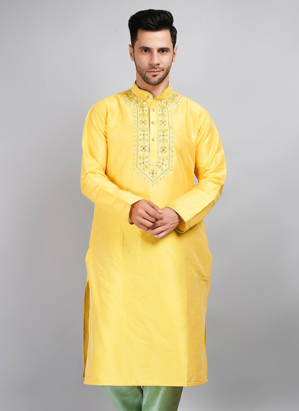 Machine Embroidery Dupion Silk Yellow Kurta - M5736