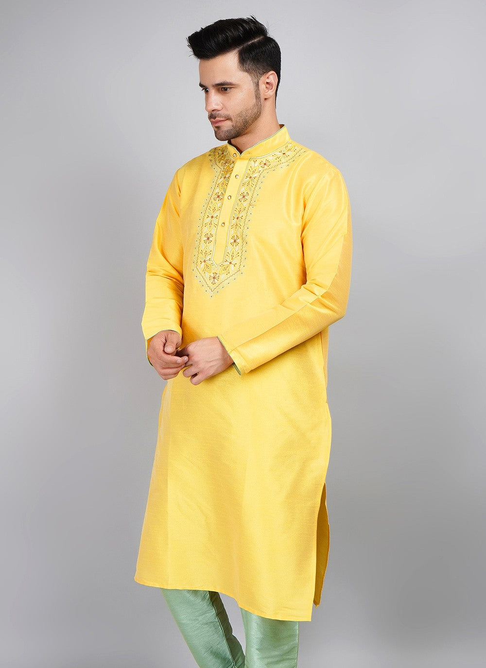 Machine Embroidery Dupion Silk Yellow Kurta - M5736