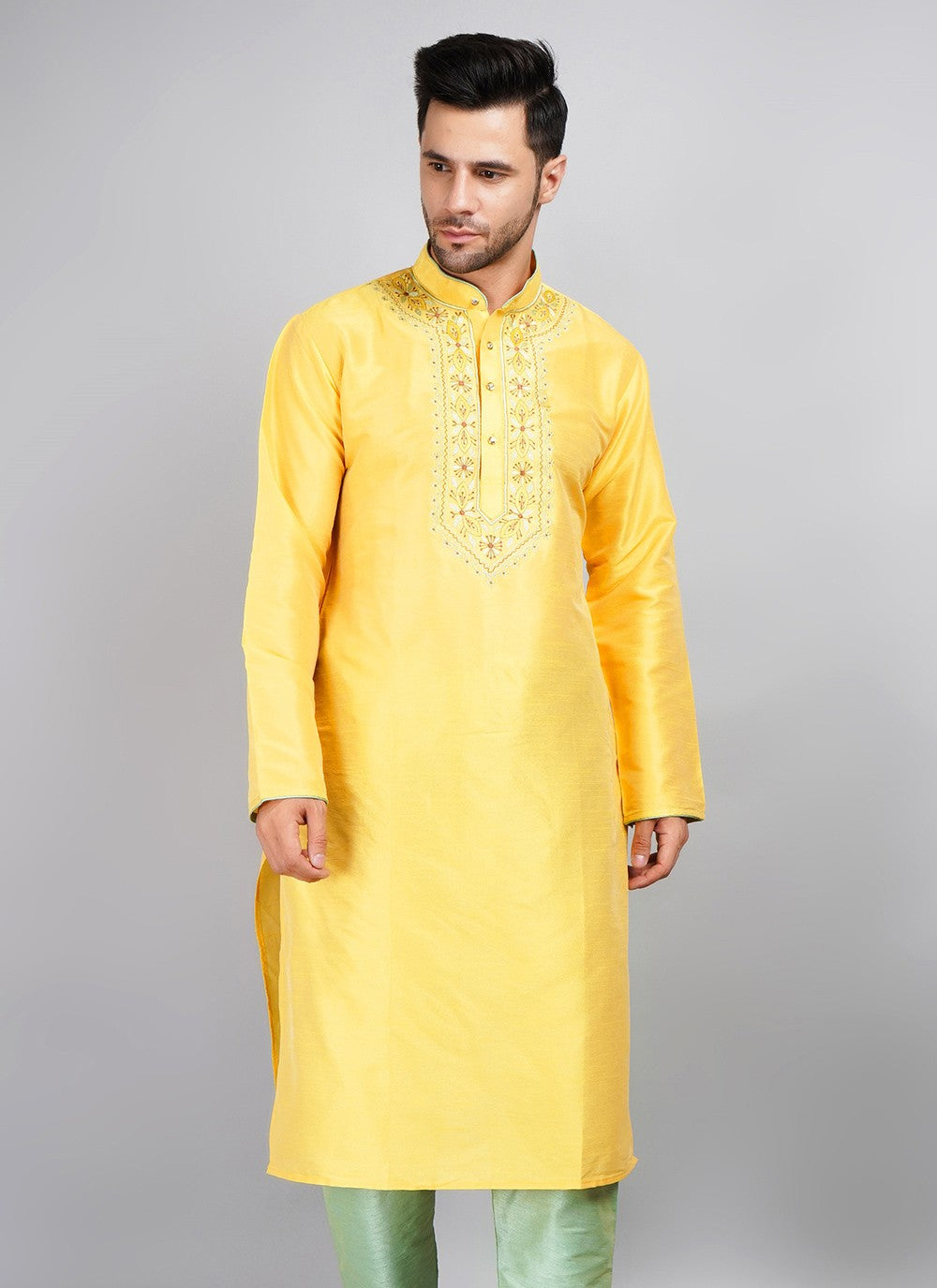Machine Embroidery Dupion Silk Yellow Kurta - M5736